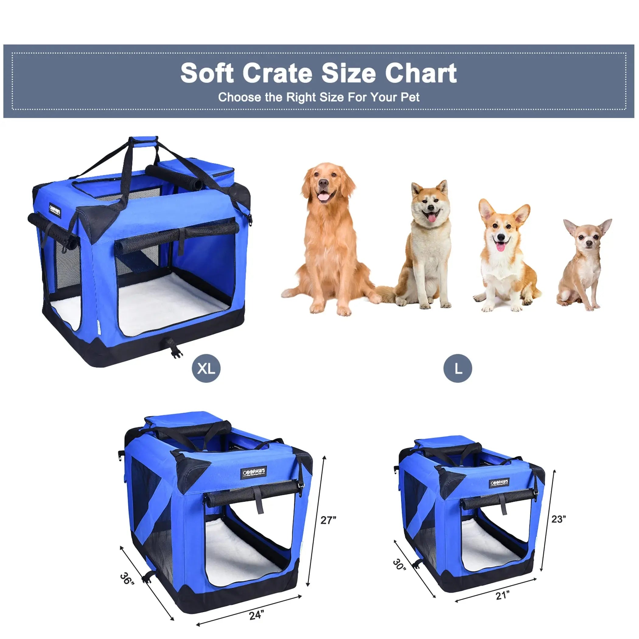 JESPET Soft Pet Crates Kennel, 3 Door Soft Sided Folding Travel Pet Carrier with Straps and Fleece Mat for Dogs, Cats, Rabbits, Indoor/Outdoor Use with Grey, Blue & Beige, Black